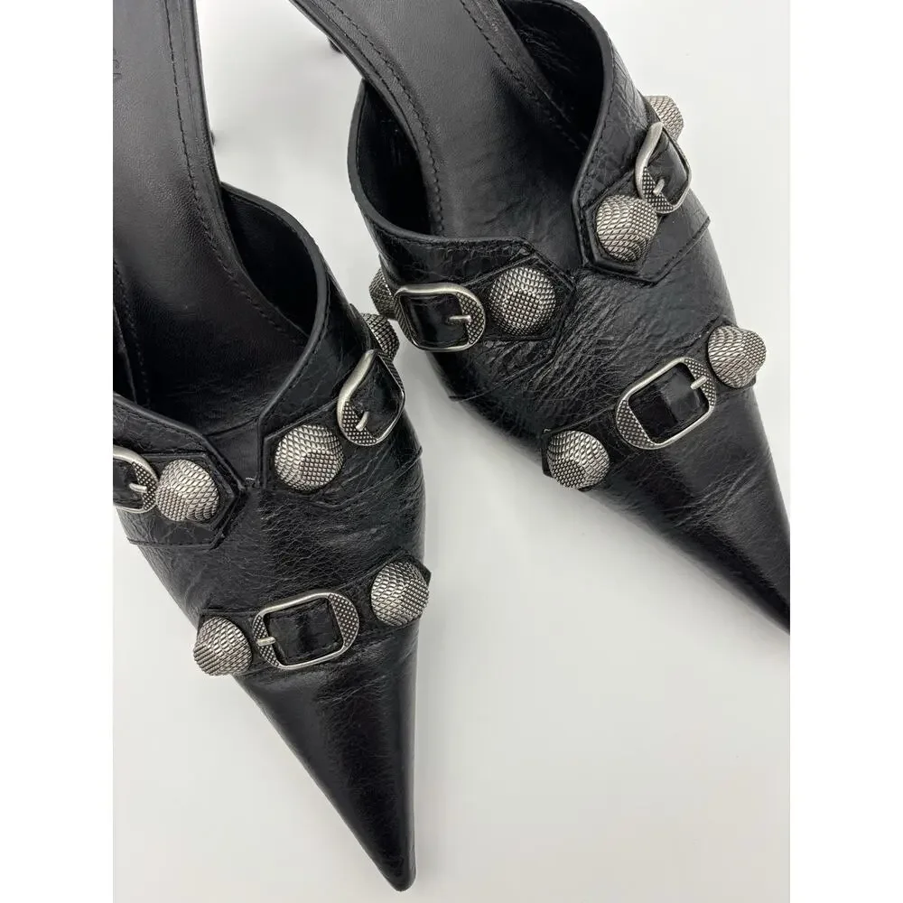 Balenciaga Point Toe Mules Black Leather Studded Size 39 / 9 Kitten Heel